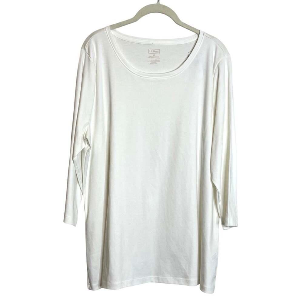 LL Bean Womens Supima Cotton Top 1X White 3/4 Sleeve Scoop Neck NEW